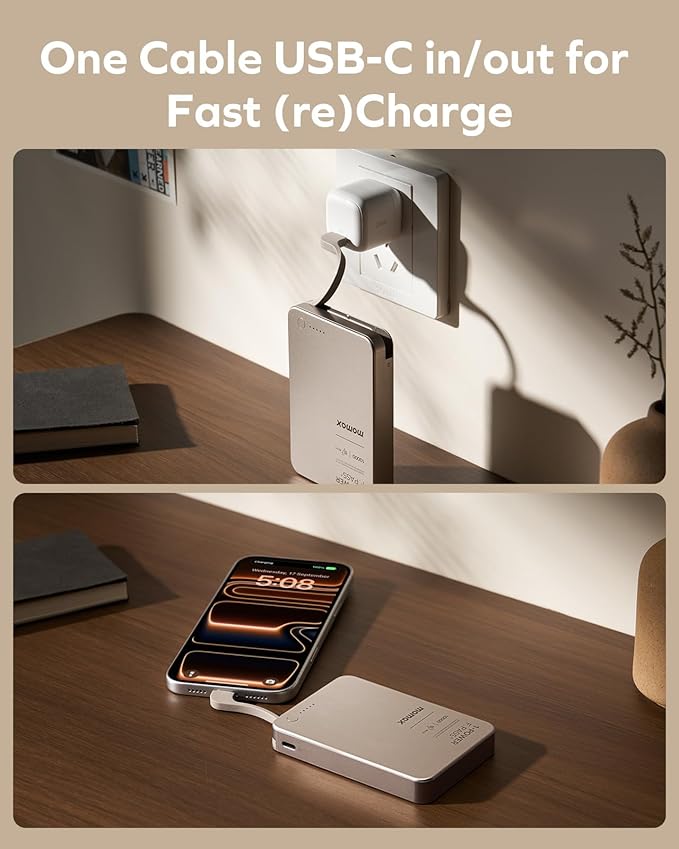MOMAX Ultra-Slim 10000mAh Portable Power Bank with Built-in USB-C Cable, PD 30W Fast Charging Battery Pack for iPhone 17/16/15, iPhone air, Galaxy, Pixel (No Wireless,No Lightning)