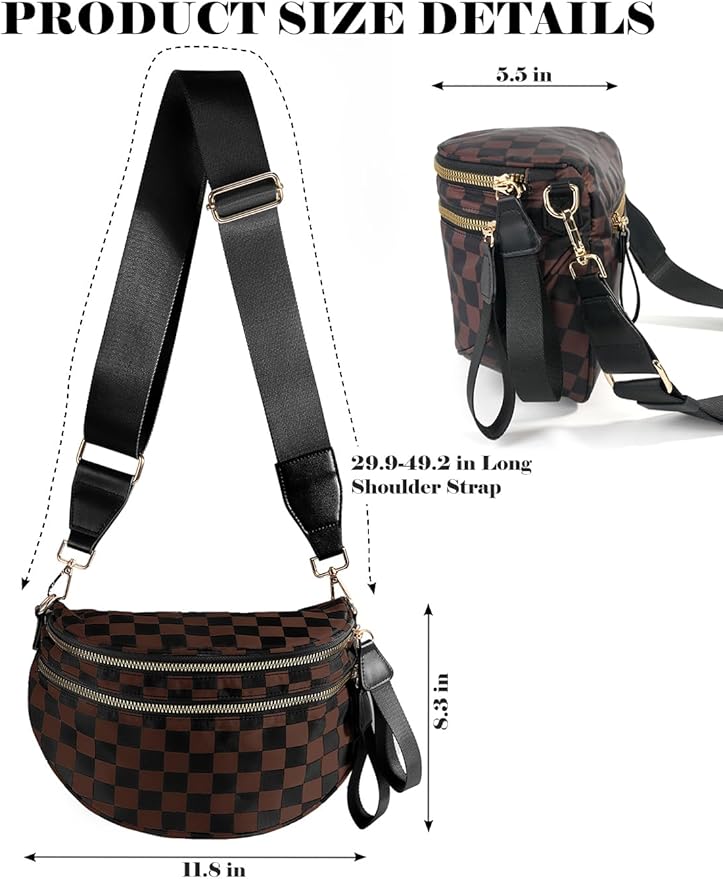 Black and White Checkered Crossbody Bag Bum Bag for Women,Spacious Checkered Purse Fanny Packs Belt Bag