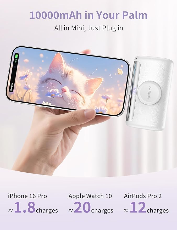 RORRY PalmGo Portable Charger, 10000mAh PD 22.5W Fast Charging Mini Power Bank with Built-in USB C Connector, 3-in-1 Battery Pack for iPhone 17/16/15 Pro/Max, Apple Watch Ultra/11/10/SE, iPad, White