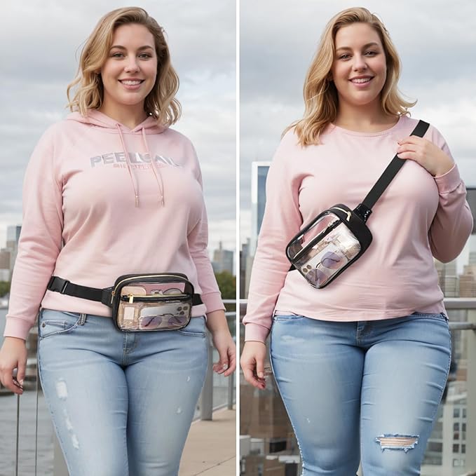 Packism Clear Fanny Pack for Women Stadium Approved - Quilted Clear Belt Bag, Adjustable Strap Fits 35-51 Inches, Transparent Waist Bag for Sports Concerts Festivals, Black