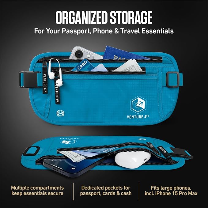 VENTURE 4TH Money Belt for Travel – Slim Hidden Under-Clothes RFID Blocking Anti-Theft Passport Holder & Travel Wallet Pouch for Men & Women to Protect Cash, Cards & Documents (Blue)