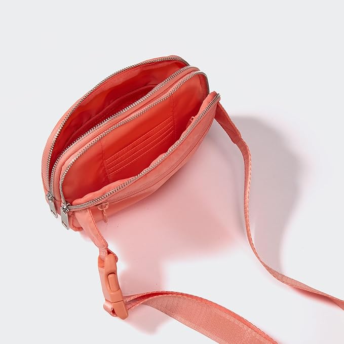 Pander Everywhere Belt Bag for Women, 5 Zipper Pockets Nylon Crossbody Fanny Pack Purse (Dark Salmon).