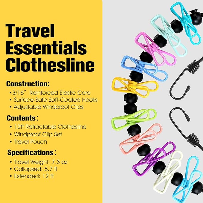 Clothesline Camping Essentials, Elastic Travel Clothes Line Camping Gear for Outdoor Glamping, Cruise and RV Must Haves, 1 Count