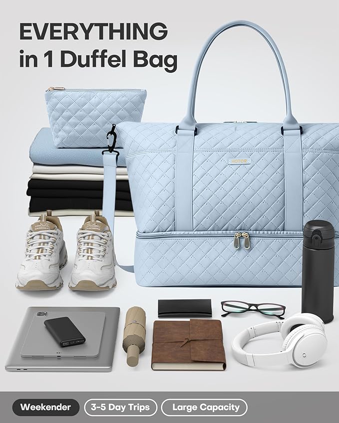 HOTOR Travel Duffel Bag - Weekender Bags for Women, Gym Tote Bags with Shoe Compartment, Carry On Overnight Bag with Toiletry Bag for Travel Essentials and Travel Accessories, Blue, 13.4"×17.3"×7.9"