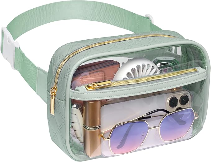 Packism Clear Fanny Pack for Women Stadium Approved - Quilted Clear Belt Bag, Adjustable Strap Fits 35-51 Inches, Transparent Waist Bag for Sports Concerts Festivals, Soft Green