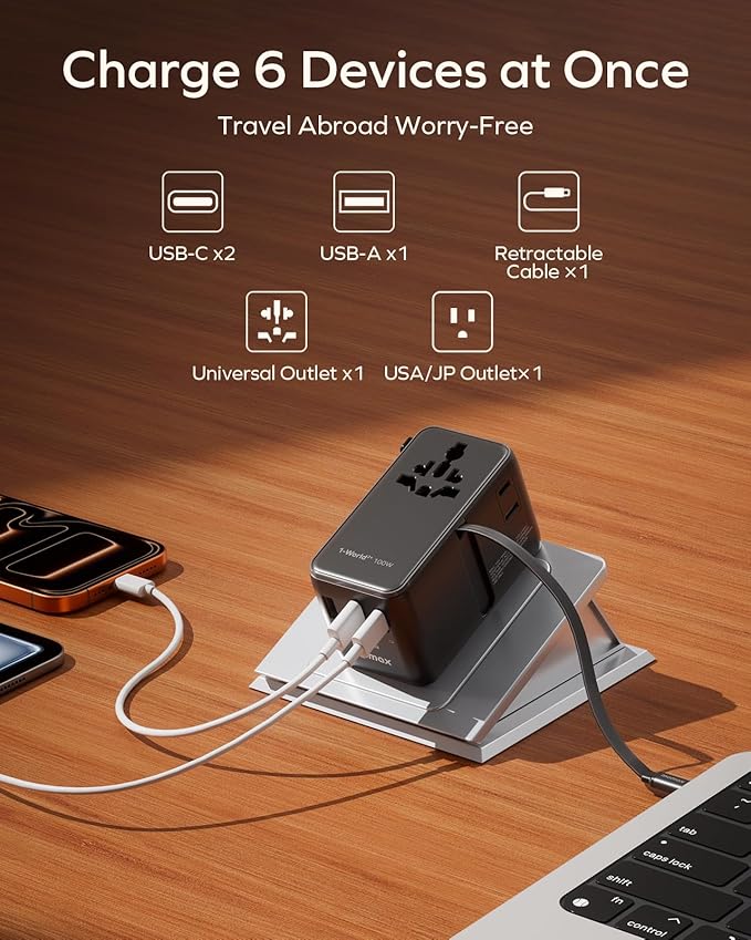 MOMAX 100W Universal Travel Adapter, 6-in-1 International Power Adapter with USB-C Retractable Cable, Dual-AC Plug Adapter PD Fast Charging Worldwide Wall Charger for US/UK/EU and Over 200 Countries
