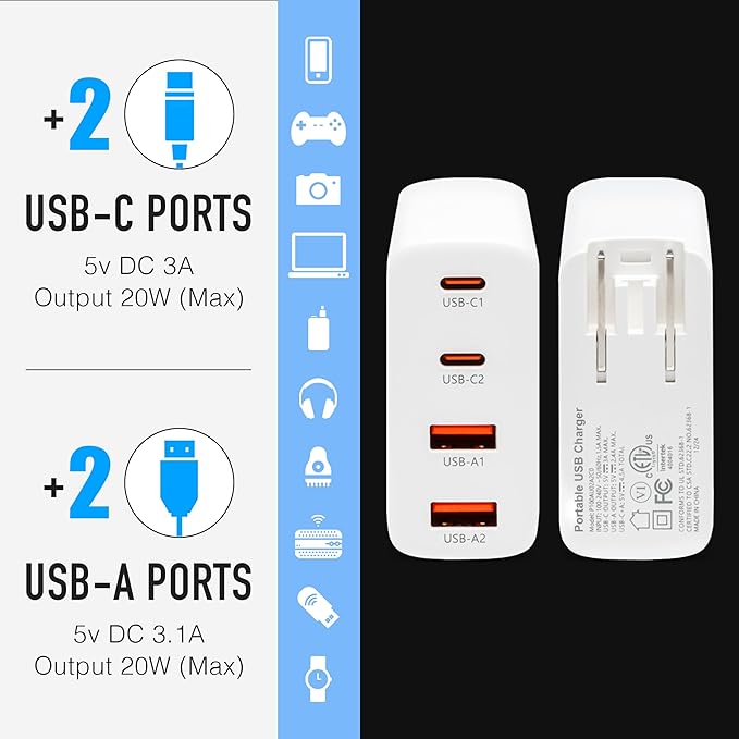 Cruise Approved Power Strip (Royal Caribbean, Disney & More) - Non Surge Charger [2 USB, 2 USB-C] 4-Port Charging Block w/Foldable Plug for iPhone, iPad, Laptops & More - Cruise Ship Essentials 2026
