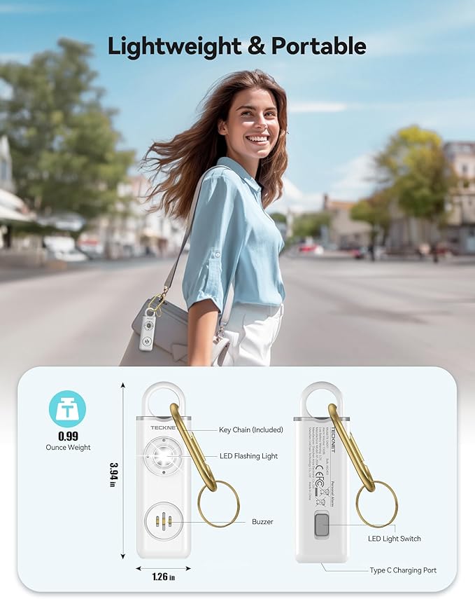 TECKNET Rechargeable Personal Safety Alarm for Women, 130dB Self Defense Keychain Alarm with SOS Strobe Light, Low Battery Notice, Loud Siren Safety Keychain for Girls Kids Elderly - White