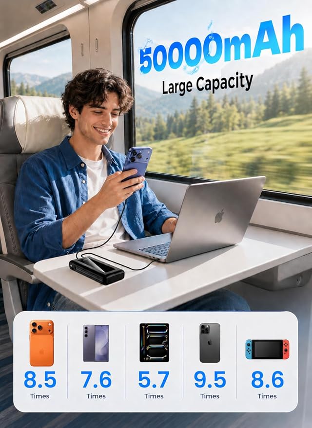 Power Bank, 50000mAh Travel Camping Essential Portable Charger with Built-in USB-C & iOS Cable, 22.5W PD Fast Charging Battery Pack, for iPhone 17/16/15, MacBook, Samsung – Dark Black