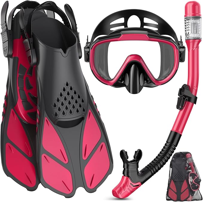Ubekezele Snorkeling Gear for Adults Men Women,4 in 1 Snorkel Set with Panoramic View Diving Mask Anti-Fog Anti-Leak,Dry Top Snorkel,Fins and Travel Bag for Swimming,Snorkeling and Travel Diving