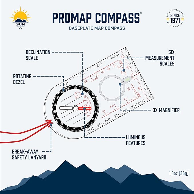 Sun Company ProMap - Ultra Lightweight Baseplate Map Compass with Declination Scale - Accurate Orienteering Compass for Hiking, Backpacking, Camping, and Survival Navigation