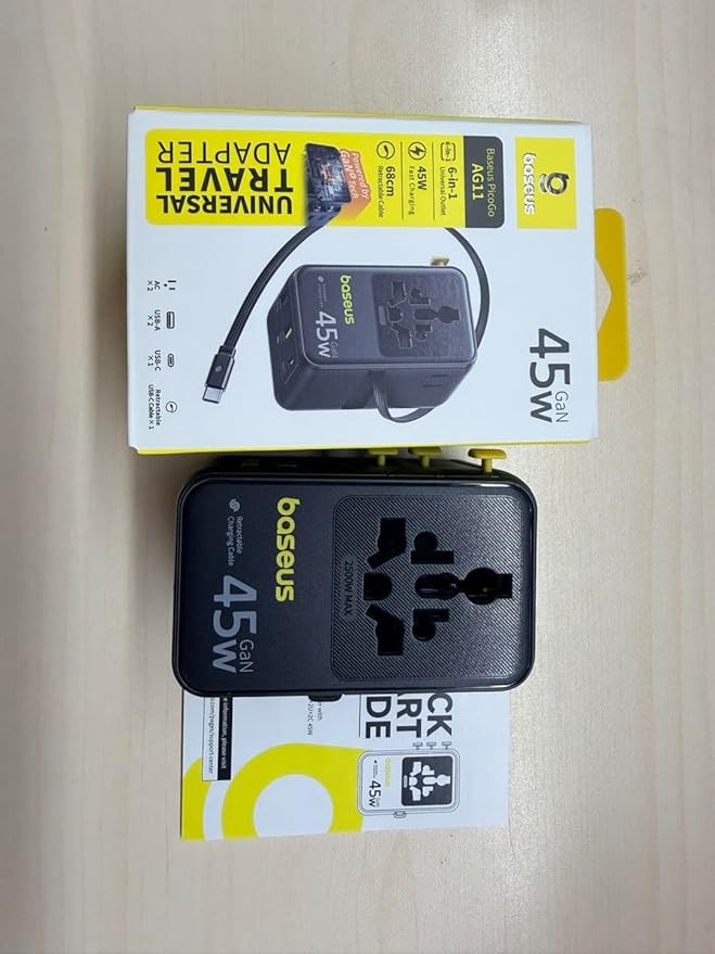 Baseus 45W European Travel Plug Adapter, 6-in-1 Universal Power Adapter with USB-C Retractable Cable, PD Fast Charging GaN International Travel Essentials for Over 200 Countries - Picogo AG11