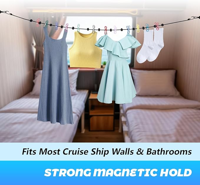 Magnetic Clothesline for Cruise Ship, Travel Clothesline with 12 Clothespins for Cruise Ship Essentials, Clothes Drying Rack with Strong Magnets Hooks and Storage Bag for Cruise Ship Cabin Outdoor