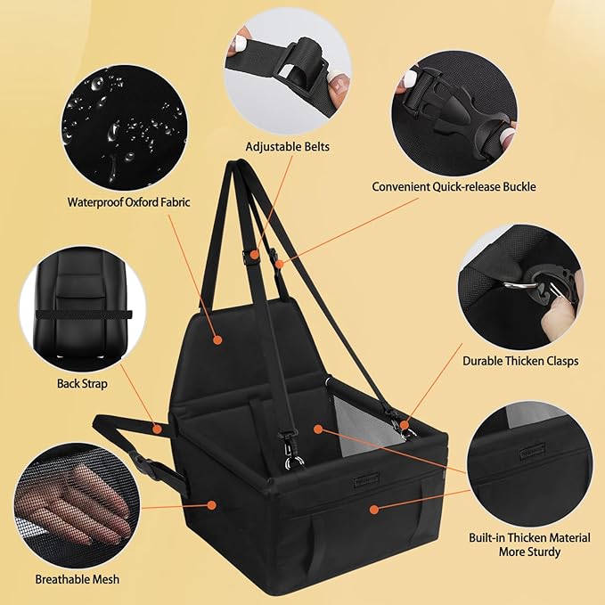 Dog Car Seat Foldable Dog Car Booster Seat Waterproof Breathable Oxford Travel Bag for Small to Medium Dogs, Puppies, and Pets-Pure Black