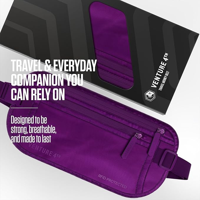 VENTURE 4TH Money Belt for Travel – Slim Hidden Under-Clothes RFID Blocking Anti-Theft Passport Holder & Travel Wallet Pouch for Men & Women to Protect Cash, Cards & Documents (Sleek Purple)