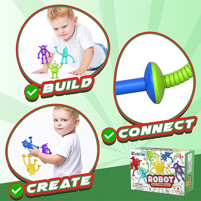 Baby Bath Toys Suction Toy: No Hole Bath Toy for Toddlers - Robot Fidget Suction Cup Toys - Window Building Sensory Toy for Boys Girls Travel Gifts - Travel Essential Road Trip Activities for Kids