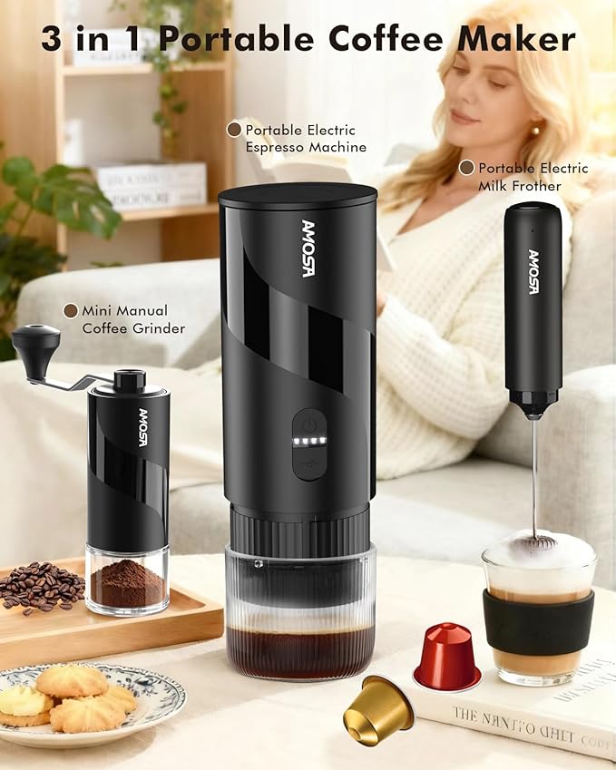 Portable Electric Espresso Machine & Manual Coffee Grinder & Electric Milk Frother All in 1 Mini Travel Coffee Maker Set for Camping, Car, RV, Hiking, Office, Home, Ground Coffee & NS Capsules Pod