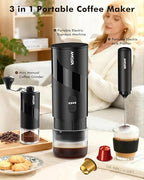 Portable Electric Espresso Machine & Manual Coffee Grinder & Electric Milk Frother All in 1 Mini Travel Coffee Maker Set for Camping, Car, RV, Hiking, Office, Home, Ground Coffee & NS Capsules Pod