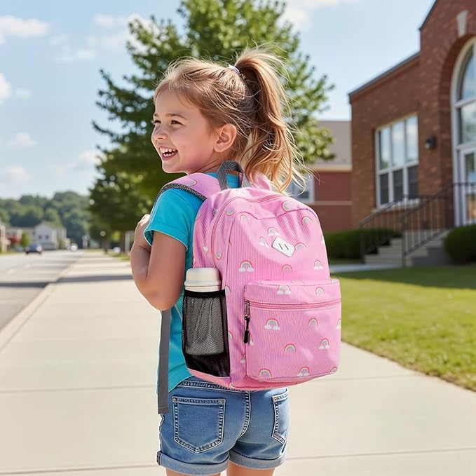 STEAMEDBUN Corduroy Kids Backpack for Girls 3-8, Girls Backpack for Elementary Kindergarten - Rainbow