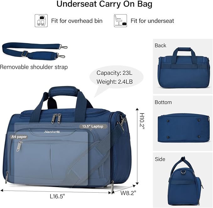 Hanke Small Travel Duffel Bag, Under Seat Carry On Personal Item Bag with 11 Pockets, Lightweight Water Resistant Foldable Weekender Bag with Trolley Sleeve for Travel Gym Daily Use（Blue）