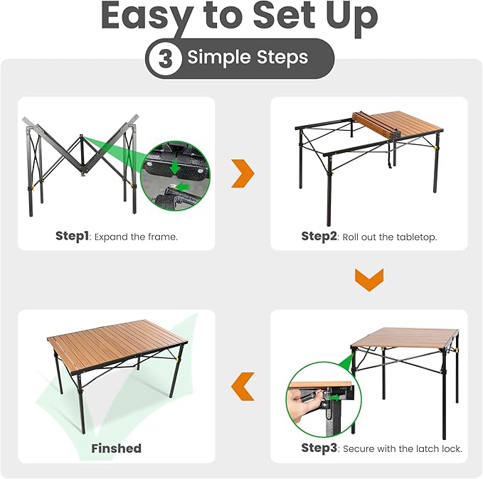 Join Nature 46.4" Large Camping Table for 2-6 People - Heavy Duty Camp Table Foldable with Aluminum Roll-Up Top & Carry Bag - 220lbs Capacity, Portable for BBQ, Tailgating, Backyard (Natural)