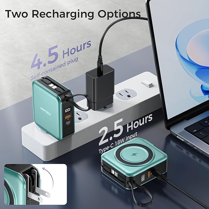 6-in-1 Magnetic Wireless Portable Charger 10000mAh – 22.5W Fast Charging with AC Wall Plug Built-in USB-C & Lightning Cables for iPhone 17/16/15/14/13/12, Android & Samsung(Green)