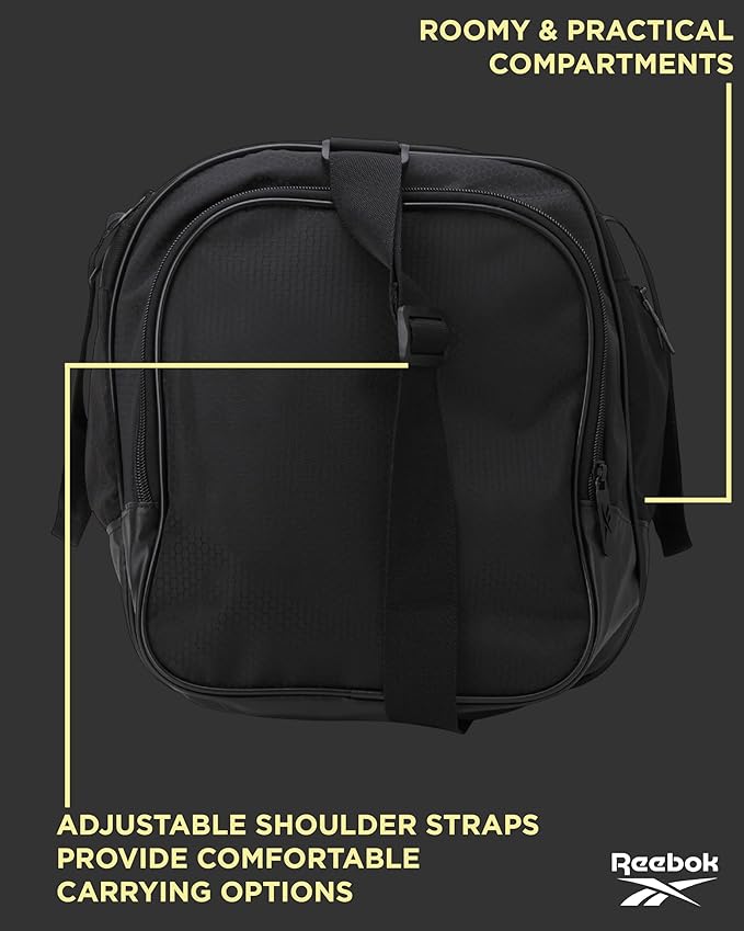 Reebok Duffle Bag - Lightweight Unisex Carry On Gym Bag - Travel and Sports Duffel Bags for Men and Women, Cade - Black/White