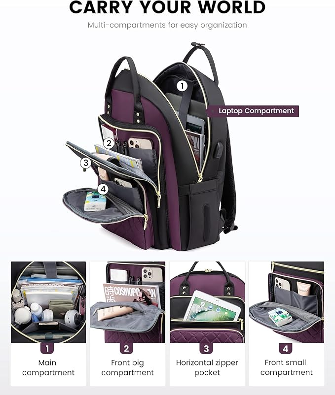 LOVEVOOK Laptop Backpack Purse for Women, 17" Laptop Bag with USB Port, Water Resistant Lightweight Daypacks for College Travel Work Business, Nurse Teacher Computer Bags, Purple Black