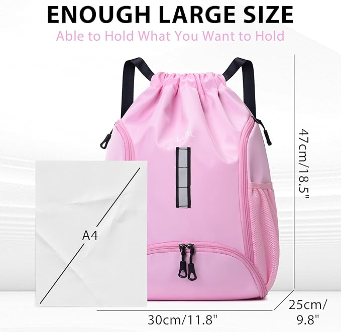 Drawstring Gym Backpack, Sports Bag with Adjustable Shoulder Straps, Cinch Sack for Fitness, Swimming, Travel (Pink)
