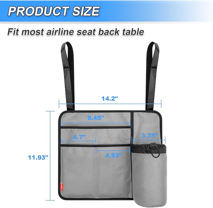Airplane Seat Back Organizer & Storage, Airplane Tray Table Cover for Personal Items, Airline Seat Hanging Pockets Media Pouch,Reusable Travel Essentials,Fits Tablets,Cell Phone,Water Bottle (Grey)