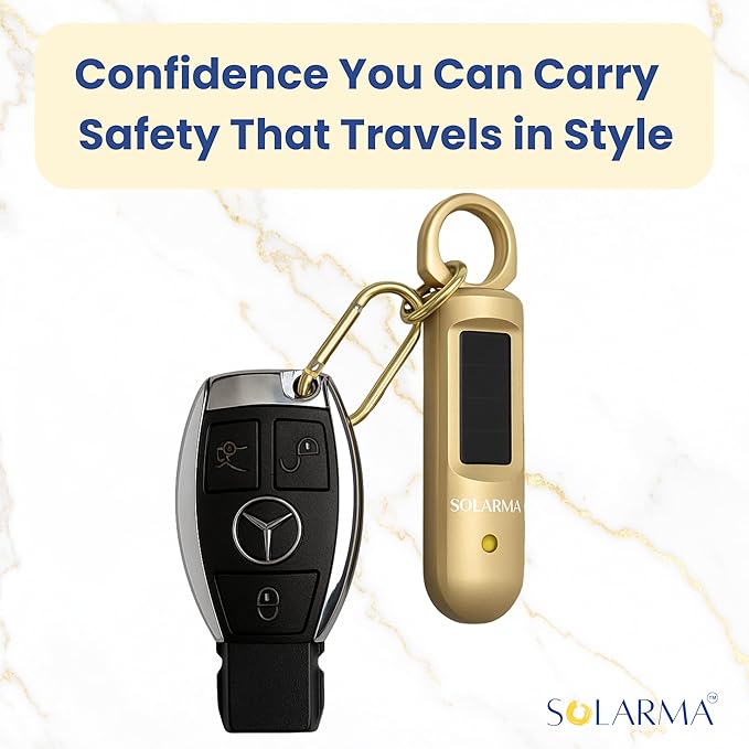 HerTime2 Personal Safety Alarm for Women - Loud Self Defense Siren, Waterproof Keychain with Strobe Light - Solar Rechargeable, Gold
