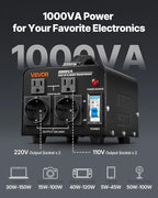 VEVOR Voltage Converter Transformer, 1000VA, Heavy Duty Step Up/Down Power Transformer, Convert from 110V to 220V and 220V to 110V, with EU & US Outlets, US Power Cord, Circuit Breaker Protection