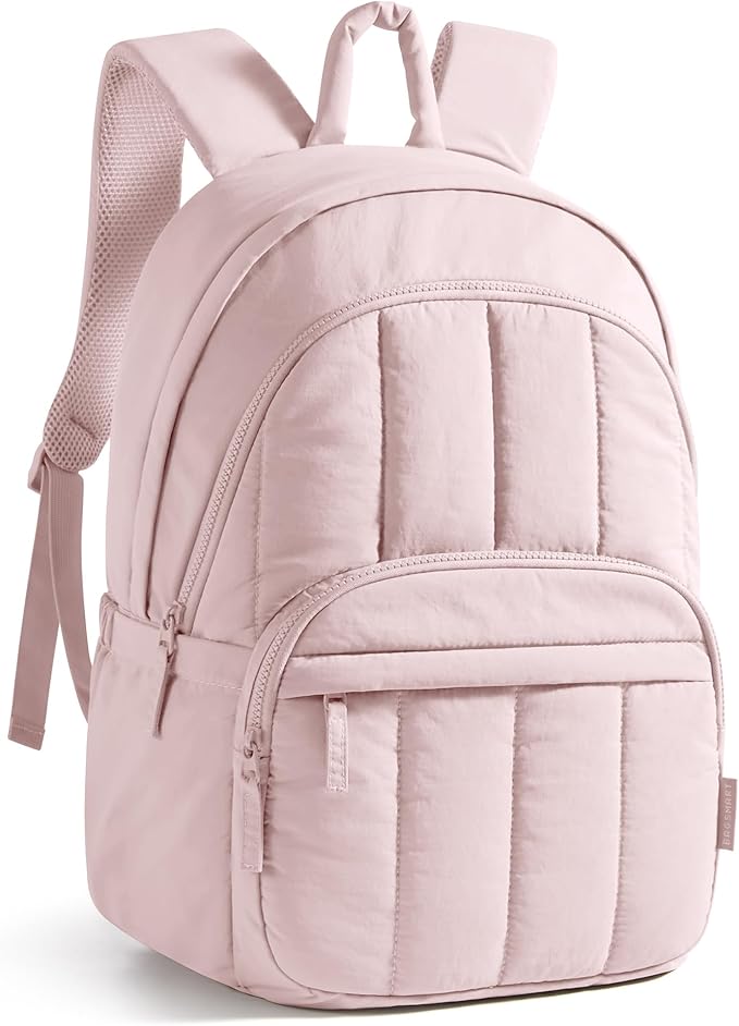 BAGSMART Womens Backpack Travel Laptop Backpack for Women, Quilted College Laptop Bookbag, Work Back Pack for Women, Cute Computer Water-Resistant Casual Daypack, Puffer Soft Pink