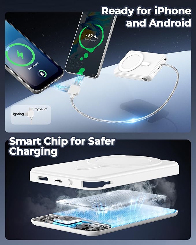 golioklsy Portable Charger Power Bank, 10000mAh Phone Charger with Built-in Cable, 20W PD Fast Charging, Slim Battery Pack with LED Display, Travel Essential for iPhone 17/16/15/14 All Series, White