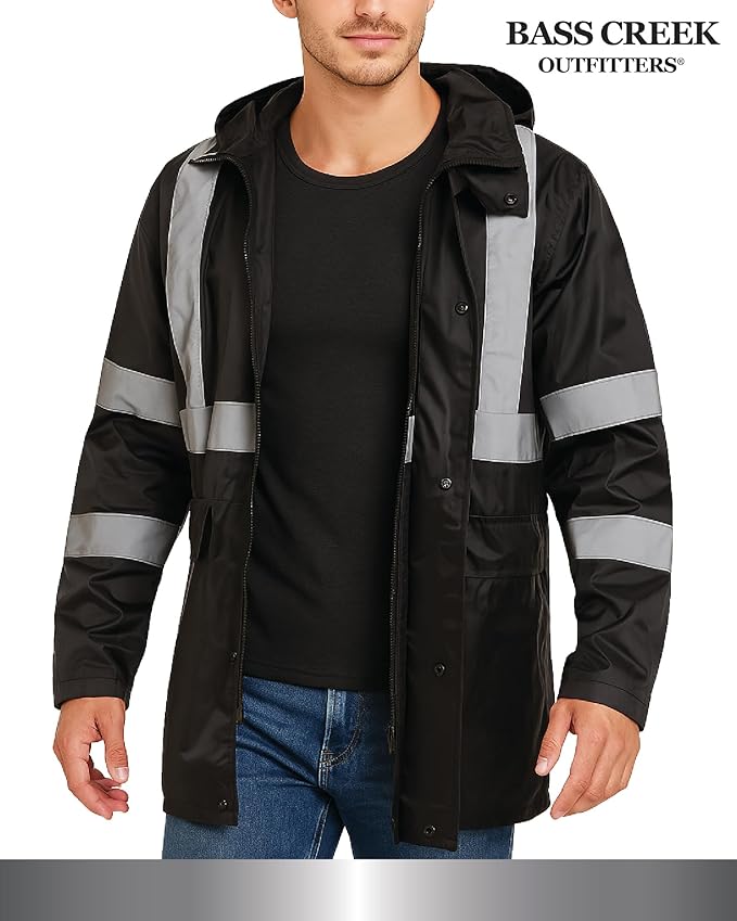 Bass Creek Outfitters Mens Rain Jacket - Waterproof Hooded High Visibility Safety Coat with Reflective Strips