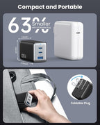 128W USB C Wall Charger,GaN III 3-Port Fast Charging Station,PD QC Foldable Charger Block Portable 65W Laptop Adapter for MacBook Pro/Air,iPad Pro,Galaxy S23,Dell XPS 13,iPhone 17/16/Pro etc
