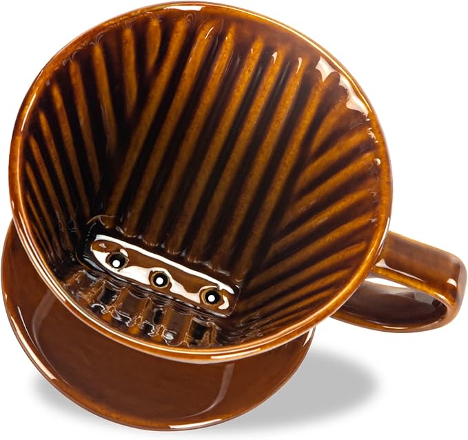 Pour Over Ceramic - Coffee Dripper Ceramic Coffee Maker with 3 Holes Flat Bottom, Porcelain Slow Filter Cone for Travel, Camping, Office, Home, Coffee Maker Brew, Brown