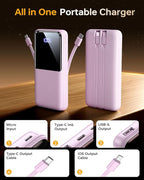 CFIAI Portable Charger Power Bank - 15000mAh Battery Pack Portable Phone Charger with Built in Cable 22.5W Fast Charging Powerbank Compatible with iPhone Android Samsung Phone, Lavender