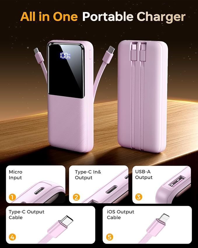CFIAI Portable Charger Power Bank - 15000mAh Battery Pack Portable Phone Charger with Built in Cable 22.5W Fast Charging Powerbank Compatible with iPhone Android Samsung Phone, Lavender