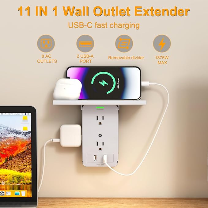 Socket Wall Shelf-CFMASTER 10 Port Surge Protector Wall Outlet, 8 Electrical Outlet Extenders and 2 USB Ports 2.4A, with Removable Built-In Shelf, FCC Listed (1, Gray)…