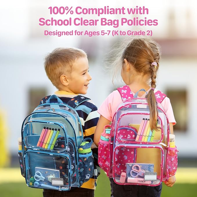Bagseri Clear Backpack for Girls - 15 Inch Heavy Duty Kids Clear Bookbag for Kindergarten to Grade 2, Transparent School Bag with Reflective Strip, Fits Folders, Rose Pink Butterfly