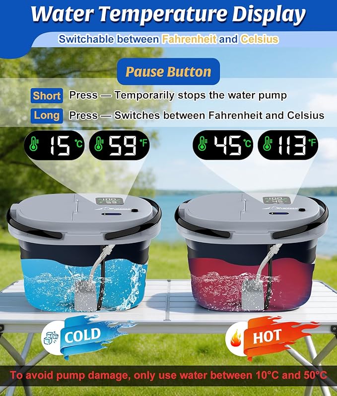 WADEO Portable Shower for Camping with 20L Bucket, 13000mAh Rechargeable Camping Shower with Intelligent LED Display & °F/°C Switch, 5 Speeds Modes, IPX8 Waterproof Portable Shower for Hiking, Travel