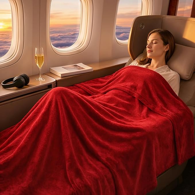 Travel Blanket and Pillow Compact – 4-in-1 Soft Fleece Airplane Blanket with Bag Pillowcase, Neck Pillow, Eye Mask & Earplugs, Lightweight Portable Flight Blanket 60"x43" (Red)