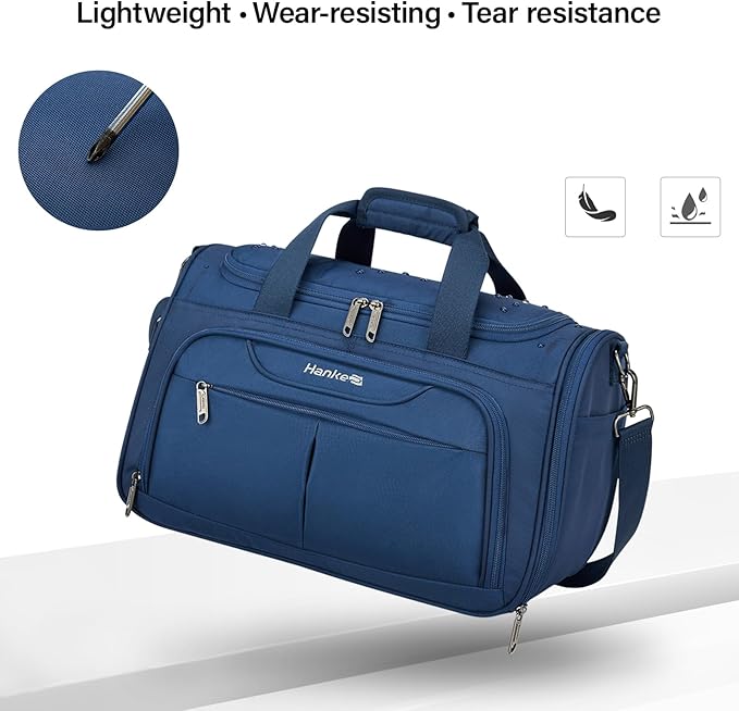 Hanke Small Travel Duffel Bag, Under Seat Carry On Personal Item Bag with 11 Pockets, Lightweight Water Resistant Foldable Weekender Bag with Trolley Sleeve for Travel Gym Daily Use（Blue）