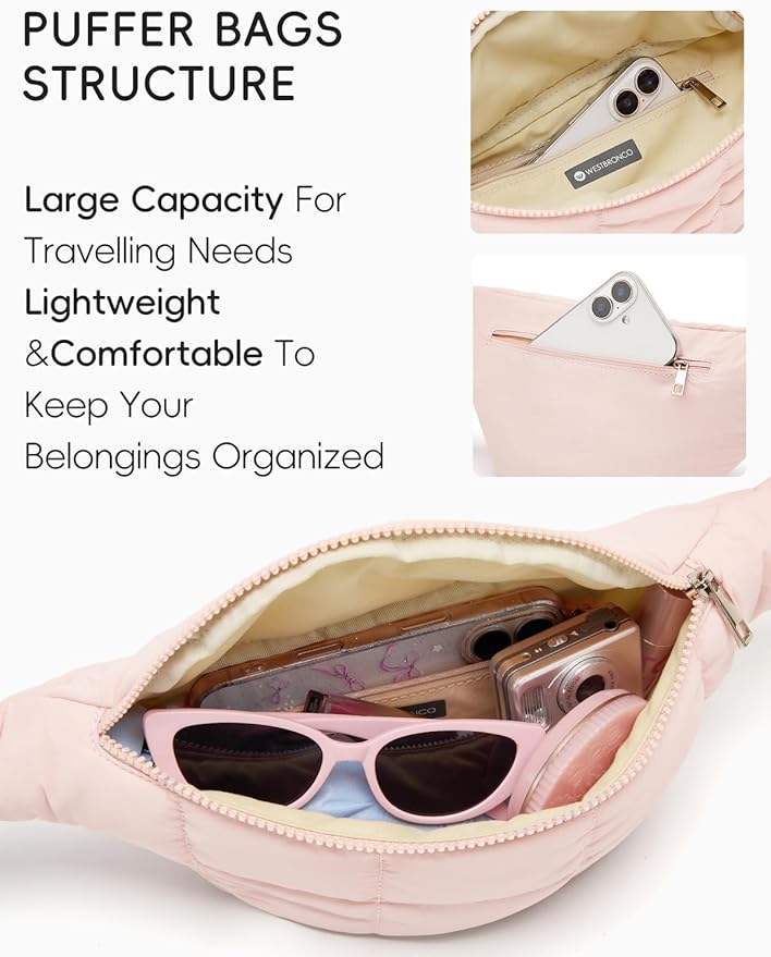 WESTBRONCO Puffer Fanny Packs for Women Small Crossbody Sling Bag, Nylon Quilted Belt Bag for Travel Hiking Running Waist Bag with Adjustable Strap