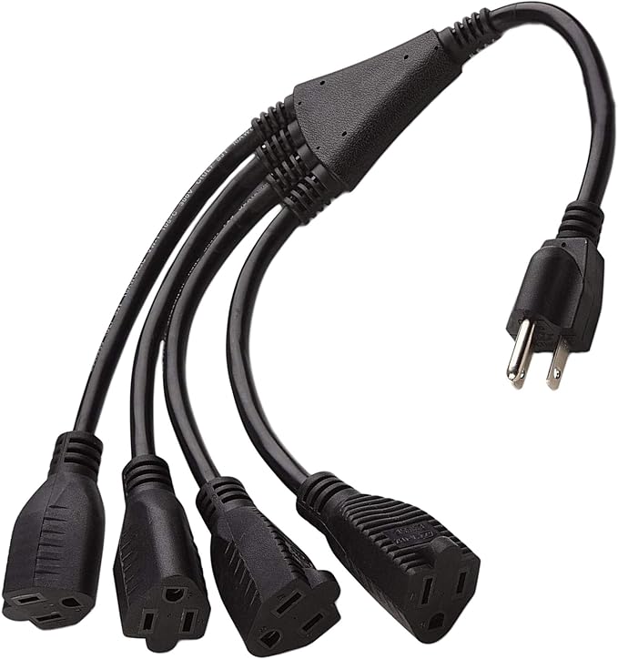 4 Way Power Splitter - Pack of 5: 1 to 4 Plug Power Strip, 1.5' Cord, 3 Prong Outlet, Black, SJT 16 AWG, UL Listed