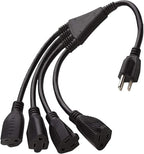 4 Way Power Splitter - Pack of 5: 1 to 4 Plug Power Strip, 1.5' Cord, 3 Prong Outlet, Black, SJT 16 AWG, UL Listed