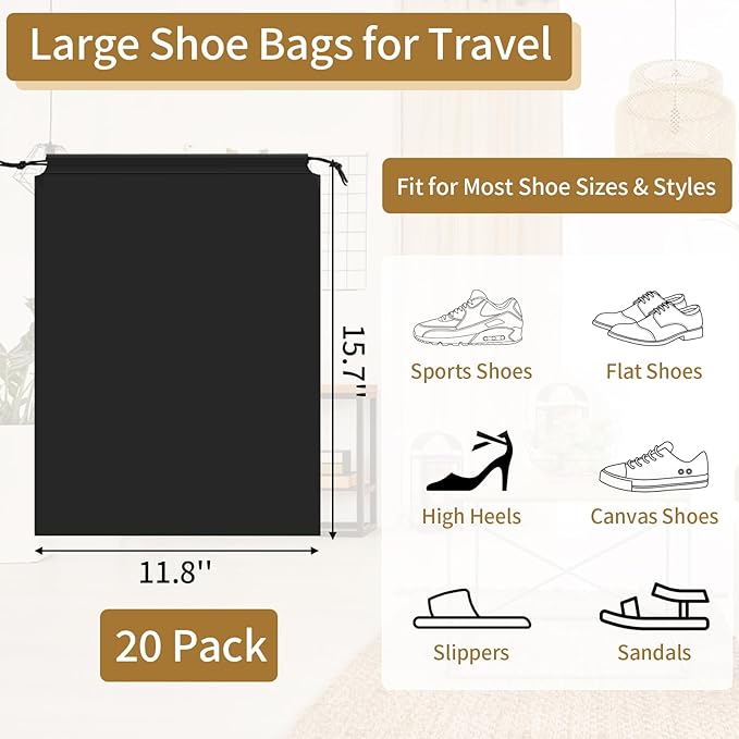 COIDEA 20 Pack Black Shoe Bags for Travel, 15.7" x 11.8", Waterproof Portable Drawstring Travel Shoe Storage Bags