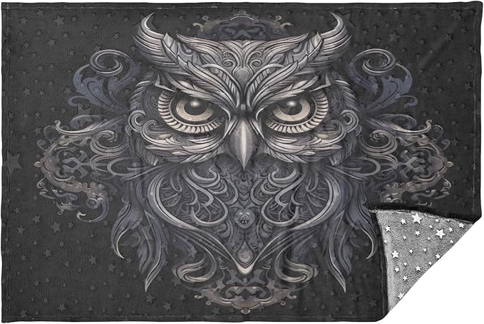 Black Owl Travel Blanket Glowing in The Dark, Soft 2 in 1 Airplane Blanket 65" x 55", Foldable as Pillow, Luggage Sleeve & Backpack Clip