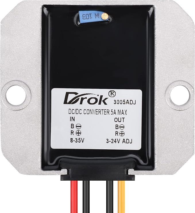 DROK Adjustable Voltage Regulator, IP68 Waterproof DC to DC Buck Converter 8-35V to 3-24V 5A, Aluminum Protective Case Step Down Converter 5V 12V Power Supply